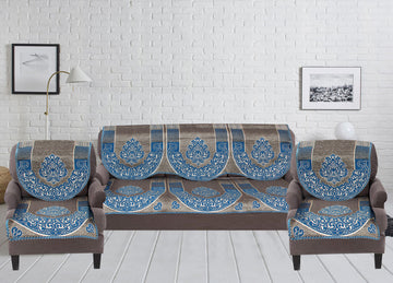 Nendle Damask Design Concept Sofa Set Covers 5 Seater with 80% Cotton & 20% Jute (Sky Blue, Pack of 6)